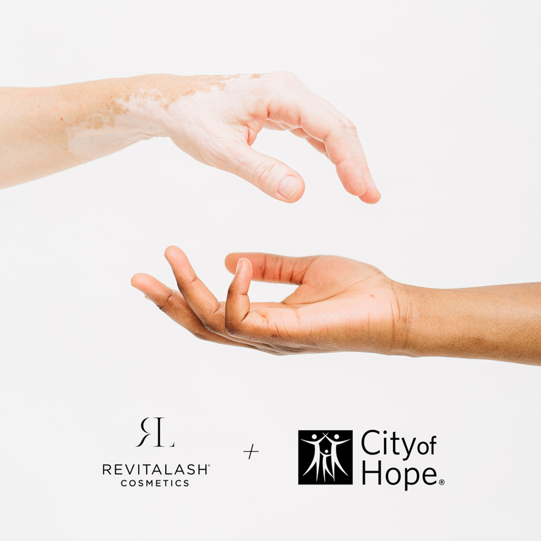 image of hands over each other with City of Hope logo and RevitaLash Cosmetics logo