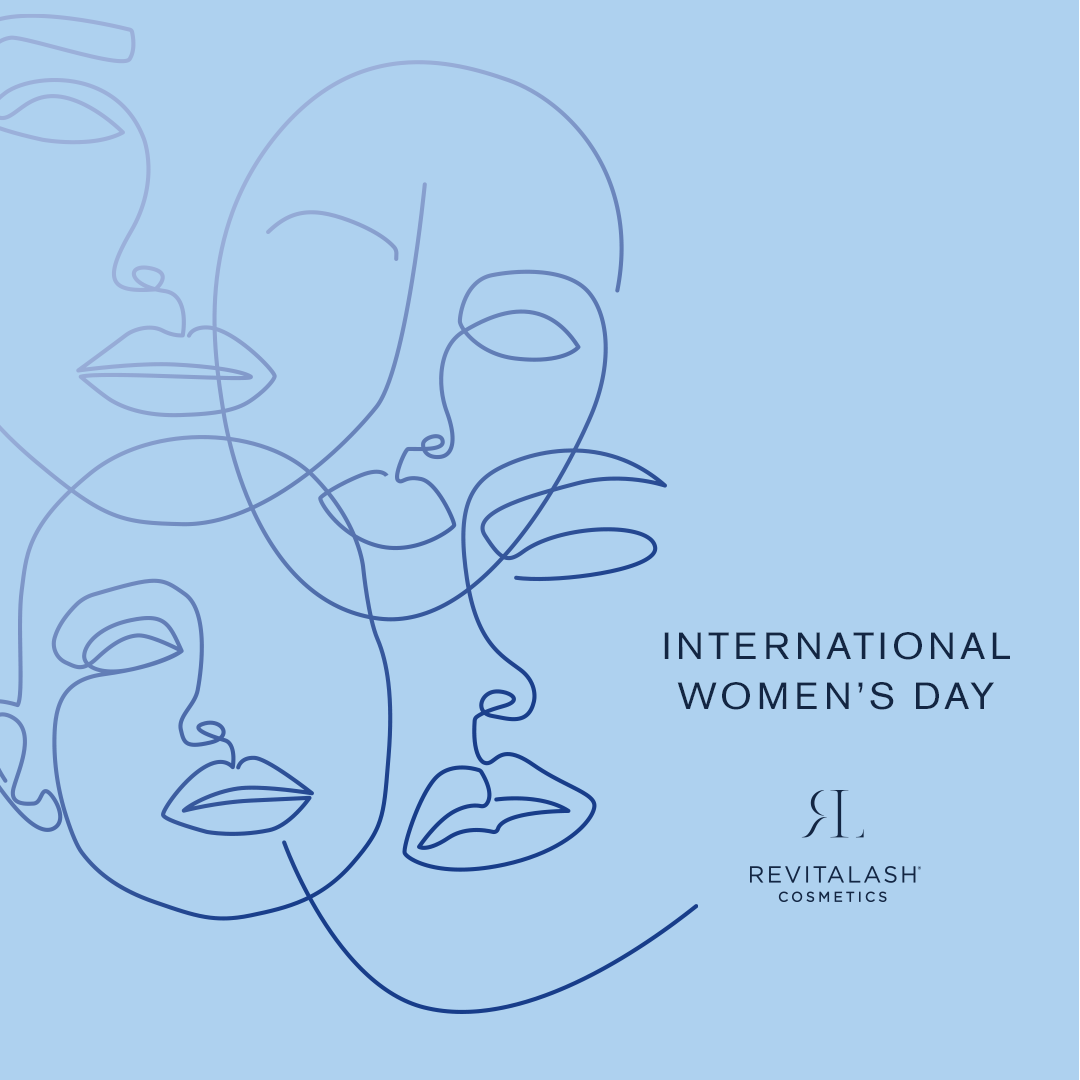 Image of blue sketches of women's faces with the text "International Women's Day" and RevitaLash Cosmetics logo