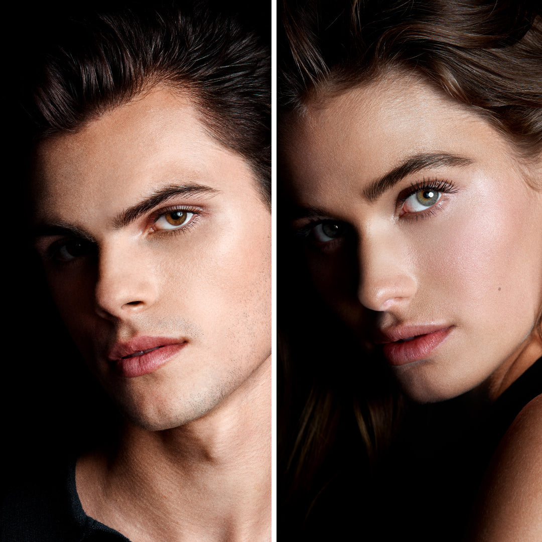 side by side male model and female model with brows
