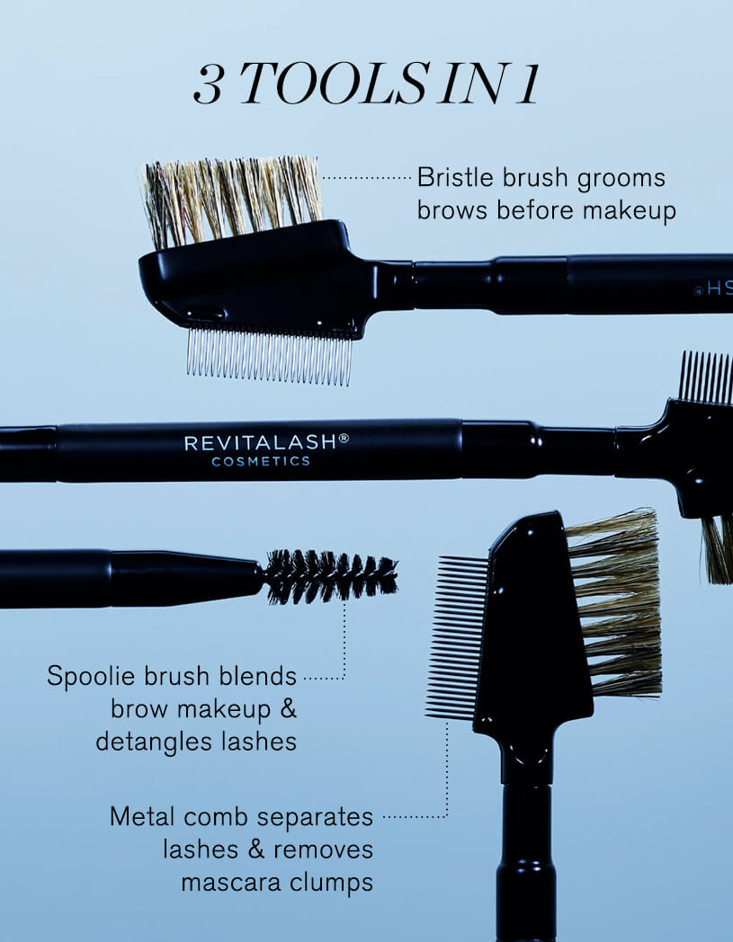 Revitalash cosmetic brushes with text describing their functions on a light blue background