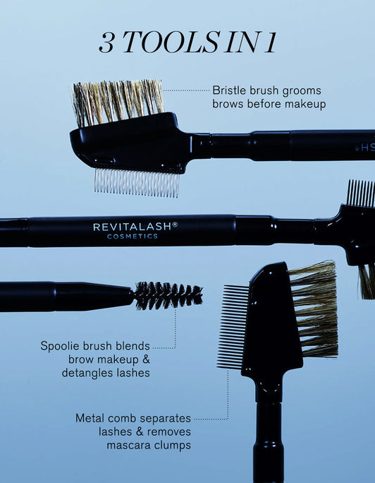 Revitalash cosmetic tools including a bristle brush, spoolie brush, and metal comb on a light blue background.