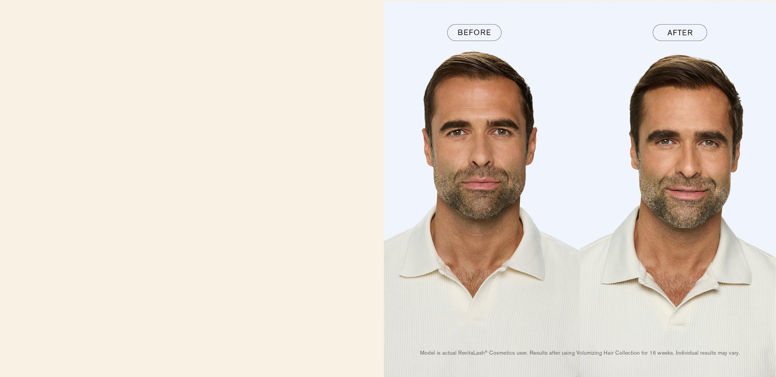 Before and after comparison of a man with a beard on a beige background